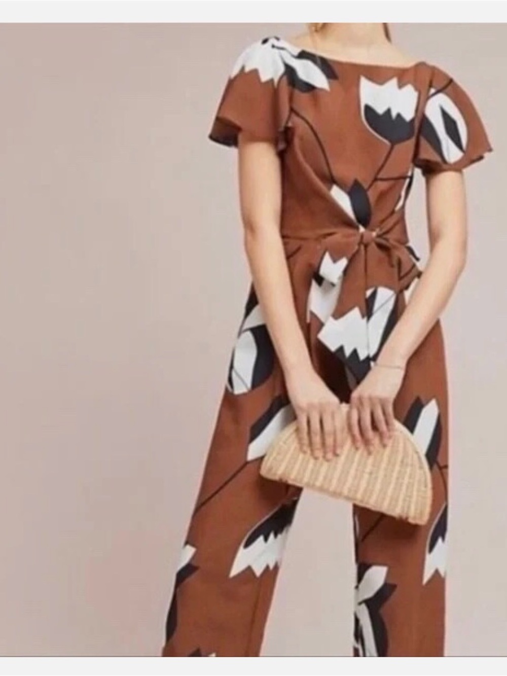 Eva Franco Brown Floral Tie-Front Jumpsuit with Black & White Print